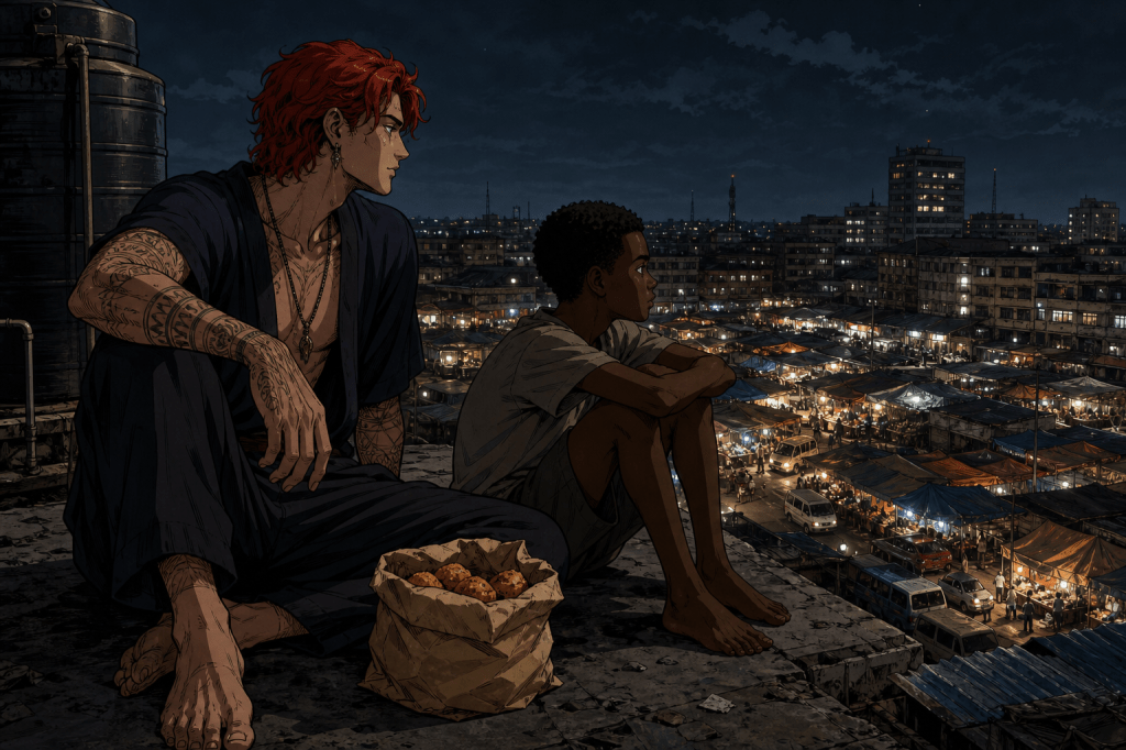 Asdar and Erevu on Kariakoo rooftop at night, illustration for The Memory Cartographer