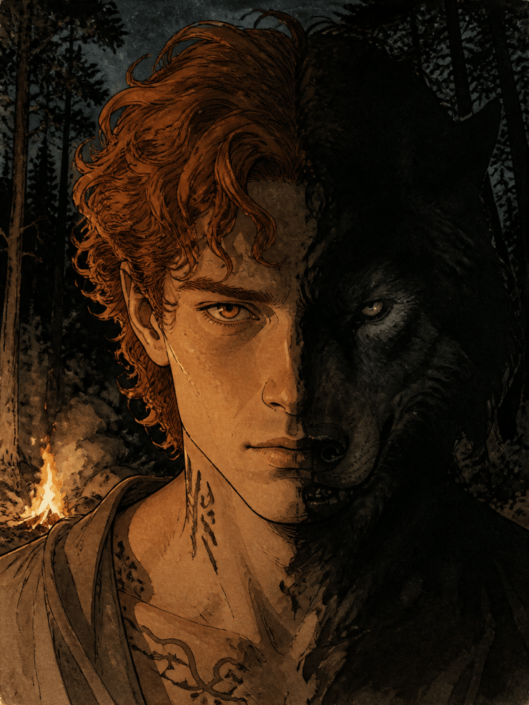 Asdar Dacian wolf-priest split portrait with wolf shadow illustration for The Wolf Remembers The Memory Cartographer Book 0.5