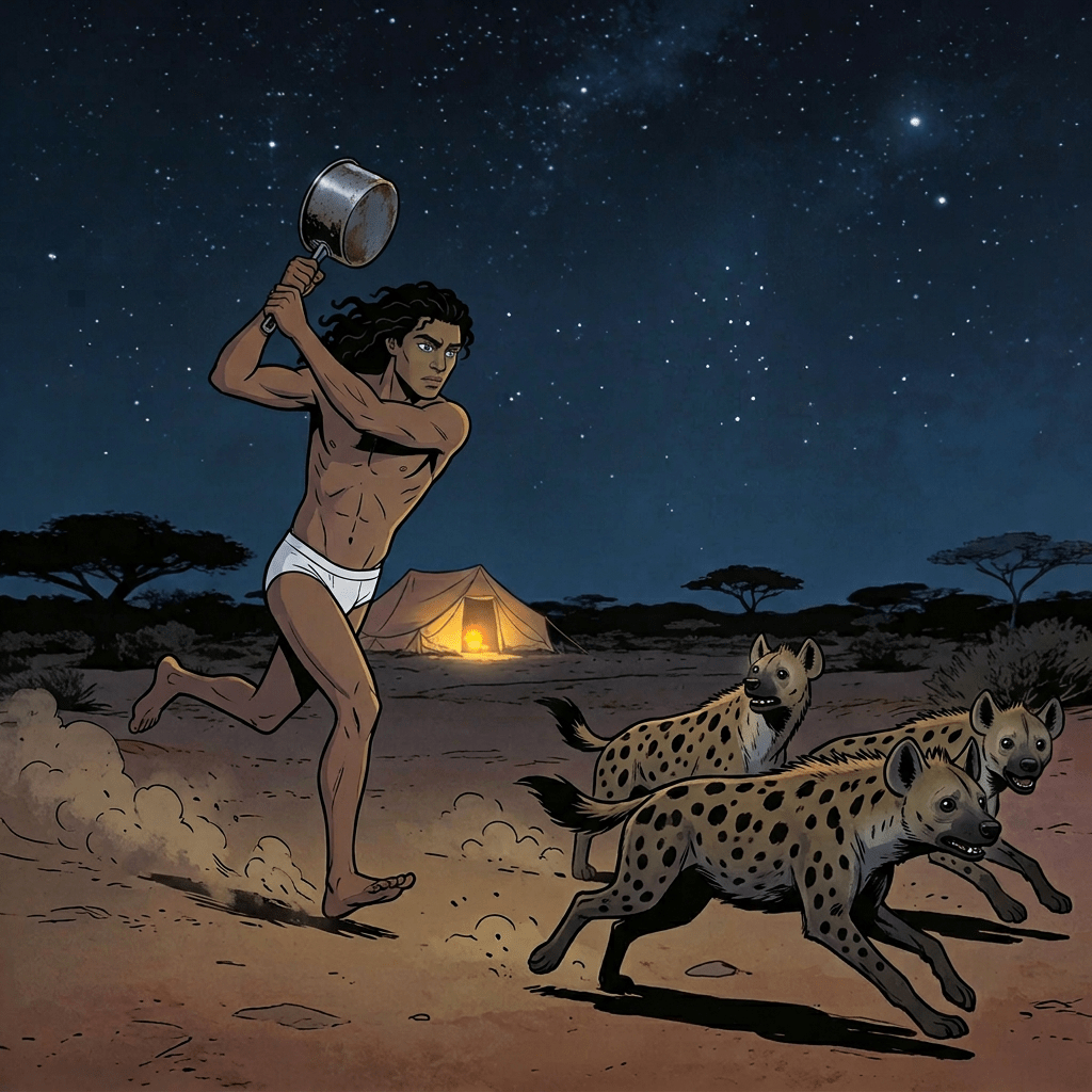 Karim running underwear cooking pot hyenas chasing Malian scrubland night Agbara Chronicles Memory Cartographer illustration