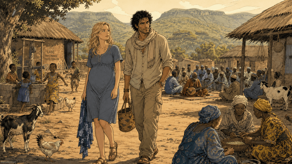 Graphic novel style illustration of a highland village near Labé, Guinea. A tall pregnant blonde woman and a tall dark‑haired man walk slowly along a dusty lane, one of her hands on her rounded belly, the other holding a strip of indigo cloth. Around them, children play near a well, elder women sit shelling beans, goats and chickens wander. In the background, a circle of villagers sits around a seated storyteller with a stringed instrument (a gawlo). Behind the village, soft green ridges of the Fouta Djallon rise under a wide pale sky in warm late‑afternoon light, giving a calm, listening mood.