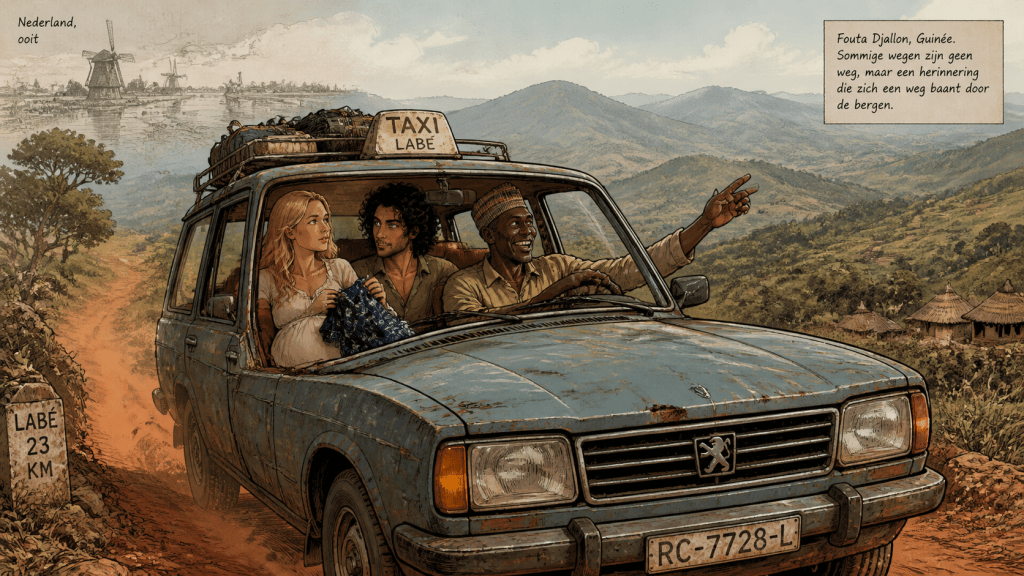 Battered taxi on a red-clay road into the Fouta Djallon near Labé, Guinea, with a pregnant blonde traveller, her dark-haired companion, and a smiling Fulɓe driver pointing toward the green highlands called ‘Hollandé’ under a warm afternoon sky.