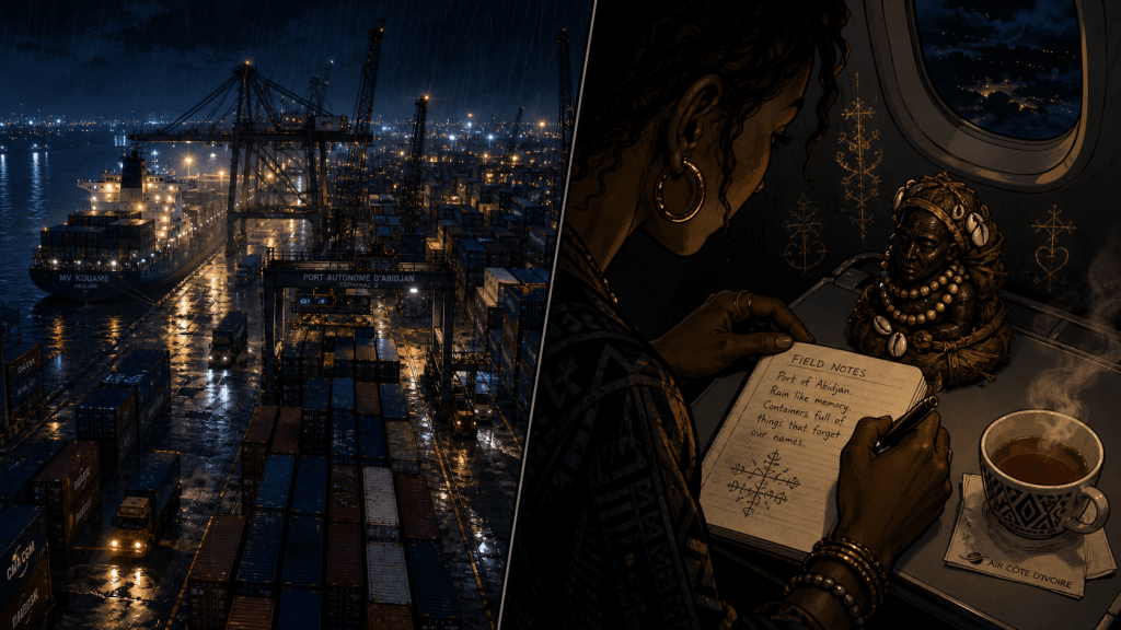 
Port of Abidjan rain containers field notes Vodun figurine Air Côte d'Ivoire The Memory Cartographer I.Ph. de Lange