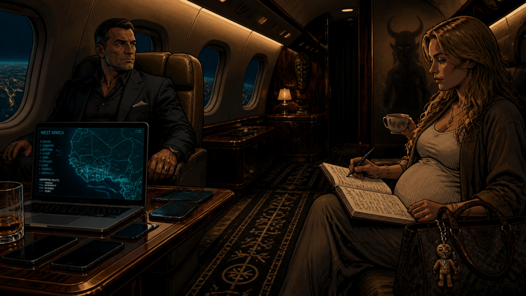 A pregnant woman takes field notes by lamplight on a private jet while a man works shipping routes on a laptop — Vodun mask watching from the shadows behind them.