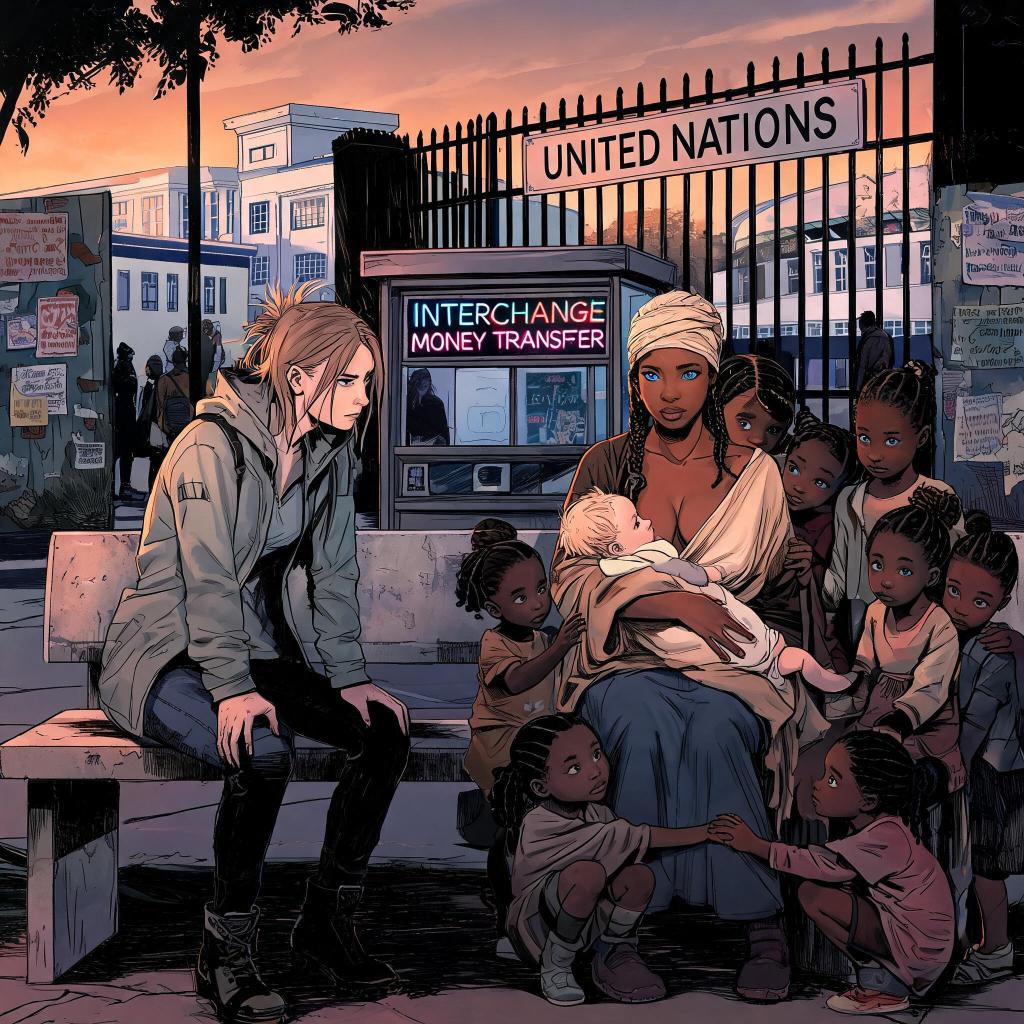 Mpho sits at an African bus stop nursing a pale baby girl while her daughters gather around her, with ex‑agent Sandi nearby planning their journey north through Africa.