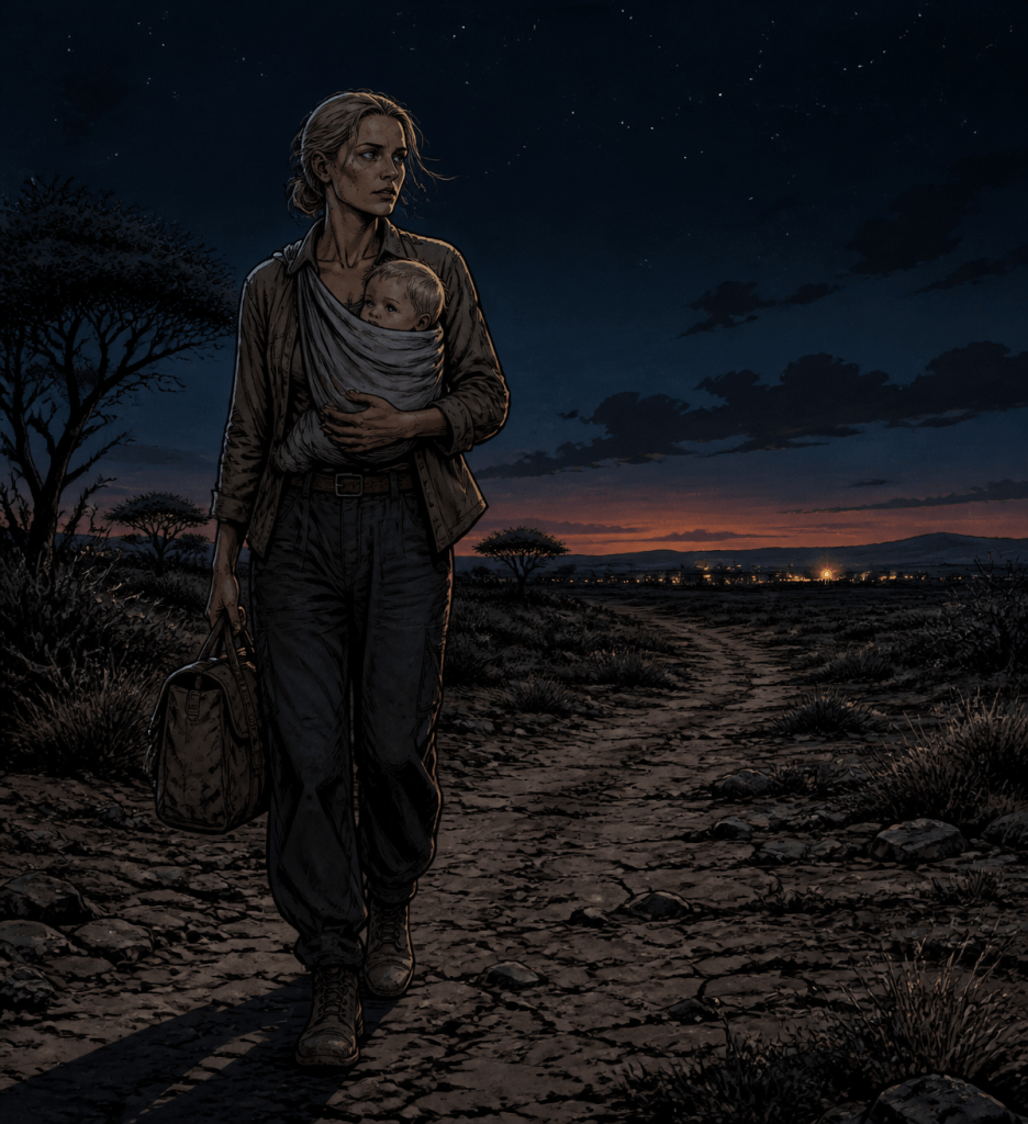 Ex‑SUPO agent Sandi walks alone at night through African scrubland, carrying a pale baby girl strapped to her chest, heading toward a distant city on the migration route.