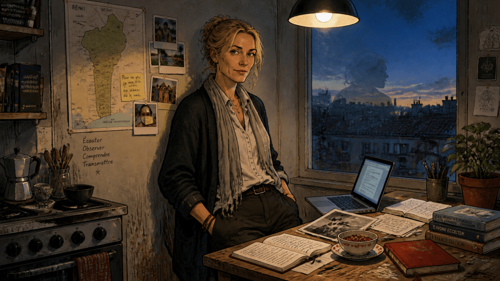 “Long‑haired anthropologist in a dusk‑lit kitchen, standing by a table with notebooks, a bowl of food, a laptop, and a map of Benin on the wall, her reflection faint in the window.”