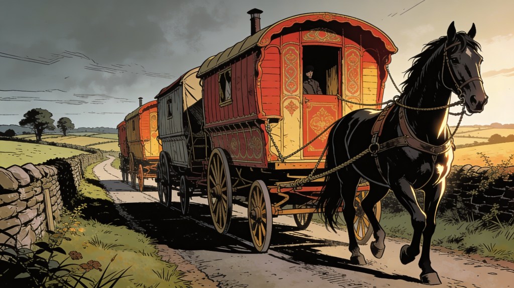 Ligne claire illustration of a painted Romani vardo caravan pulled by a black horse along a narrow English country lane, stone walls and green rolling fields under a stormy golden sky, from The Memory Cartographer Quantum Jump by I.Ph. de Lange