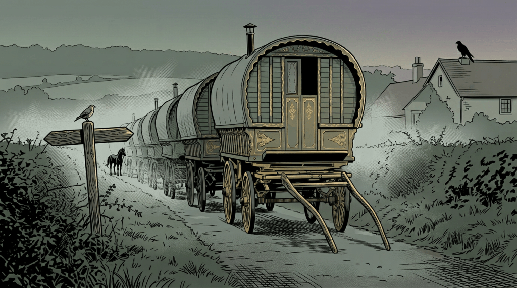 Ligne claire illustration of a Romani caravan halted on an English lane at dusk, a robin perched on a wooden signpost, a falcon silhouetted on a cottage rooftop, muted grey-green tones, from The Memory Cartographer Quantum Jump by I.Ph. de Lange