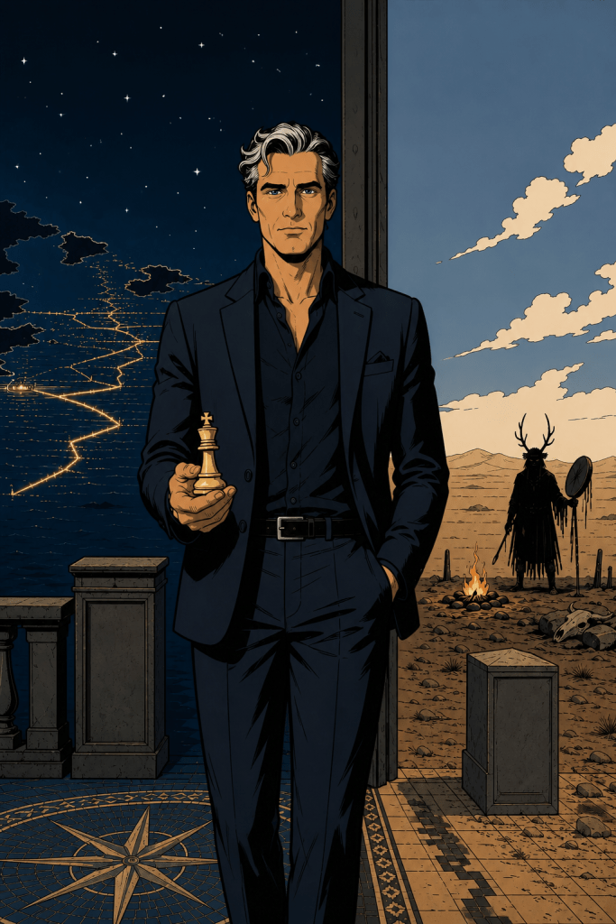 Tarmo Amellal at a San Juan beach bonfire, Costa Blanca — The Mogul's Gambit, The Memory Cartographer