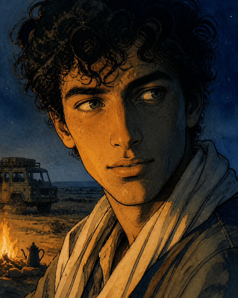 Karim portrait green eyes black curls campfire Land Cruiser Sahel night Agbara Chronicles Memory Cartographer illustration