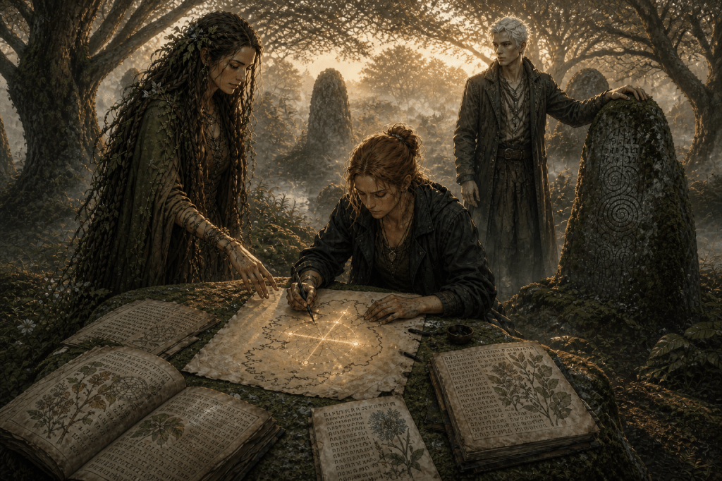 Quantum Jump  - Three figures in a misty Bronze Age Irish grove at dawn: a woman mapping Ireland on vellum, the goddess Airmid with herbs at her feet, and a white-haired man by a standing stone, with Voynich-style pages scattered on a mossy stone
