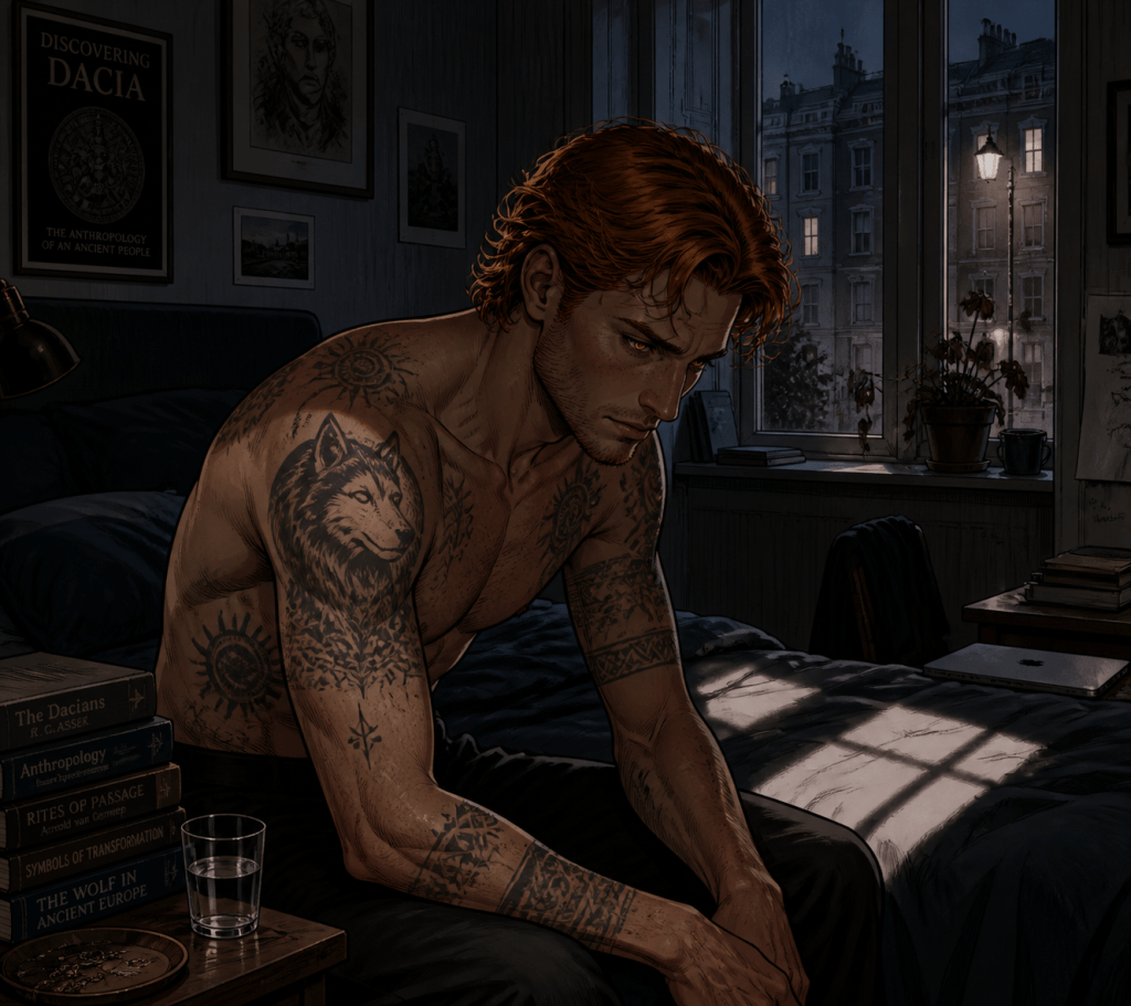 Quantum Jump: alt text image 4

"Asdar, red-haired man with golden eyes and La Tène-style tribal tattoos covering his shoulder, chest, and forearms — including a detailed wolf piece on his upper arm — sits on the edge of a bed in a dim London bedroom at night, head bowed, hands clasped. Anthropology books on Dacian culture and wolf symbolism stack on the nightstand beside a glass of water. Big Ben and townhouse rooftops are visible through the window.