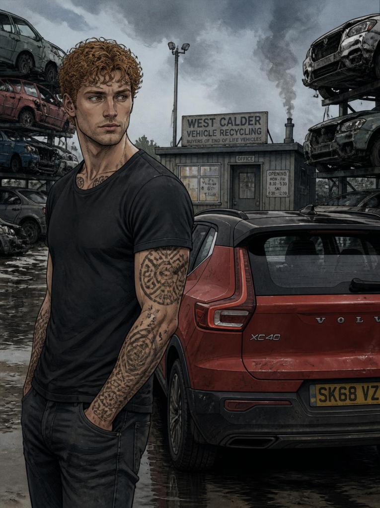 Azad - Graphic novel style illustration of a red-haired Asdar with Dacian-style tattoos on his forearms, standing beside a red Volvo XC40 at a Scottish vehicle salvage yard under an overcast sky, smoke rising from a nearby building marked West Calder Vehicle Recycling.