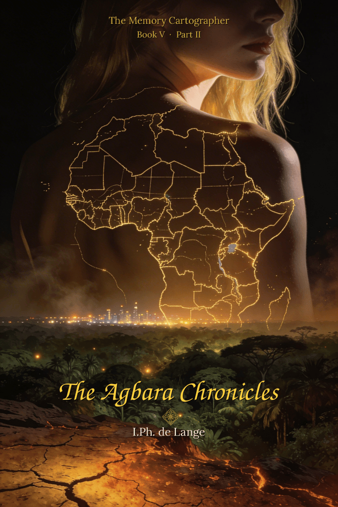 Woman's silhouette with a glowing map of Africa overlaid on her back and shoulder, cracked earth and jungle canopy below — visualizing the geography behind The Memory Cartographer's anthropological grounding