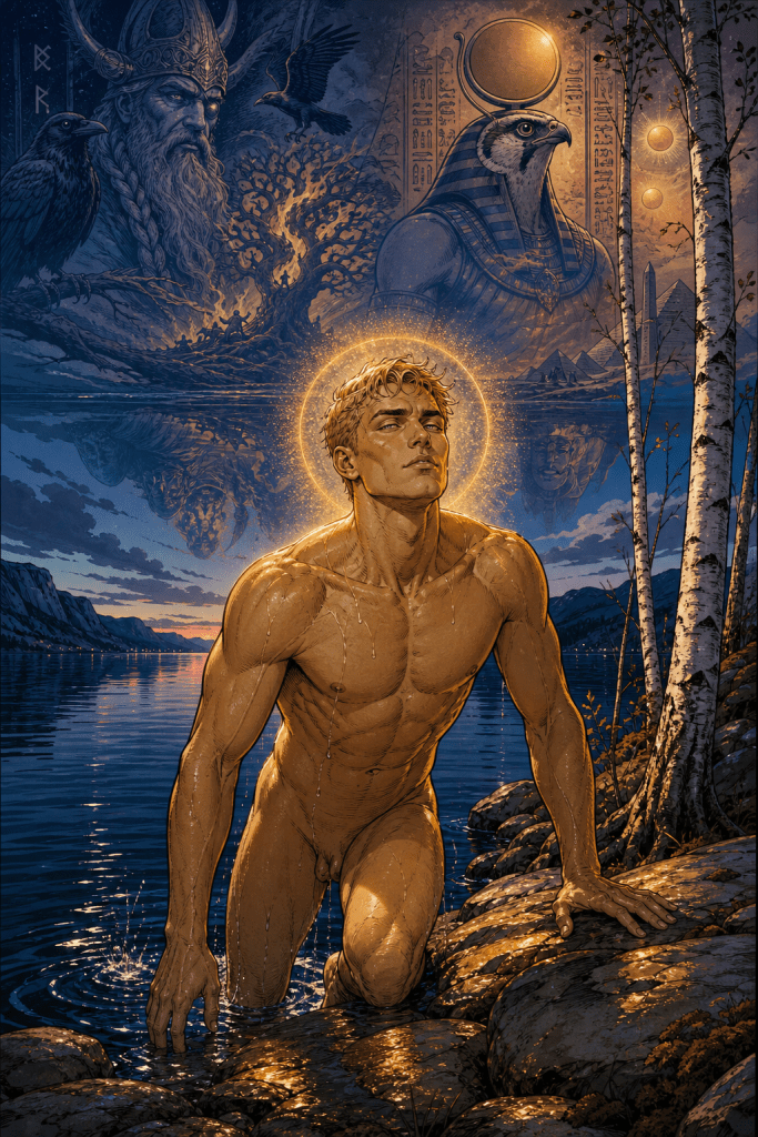Tarmo kneels rising from Lake Baikal at dusk, haloed in gold, Odin and falcon-headed Rha layered into the sky above him.