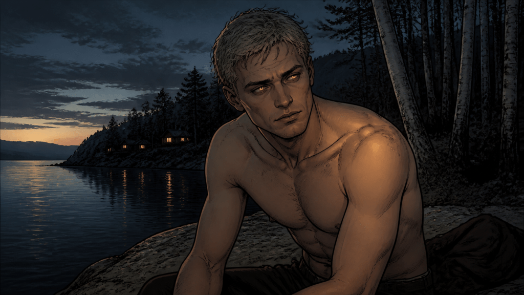 Azad - Quantum Jump. Tarmo Amellal sitting on a rock by Lake Baikal at dusk, lean and pale with short tousled hair, slightly hunched in exhausted reflection. His skin has a subtle warm glow, with dark mirror-smooth water and birch trees in the background, creating an introspective, myth-tinged mood.