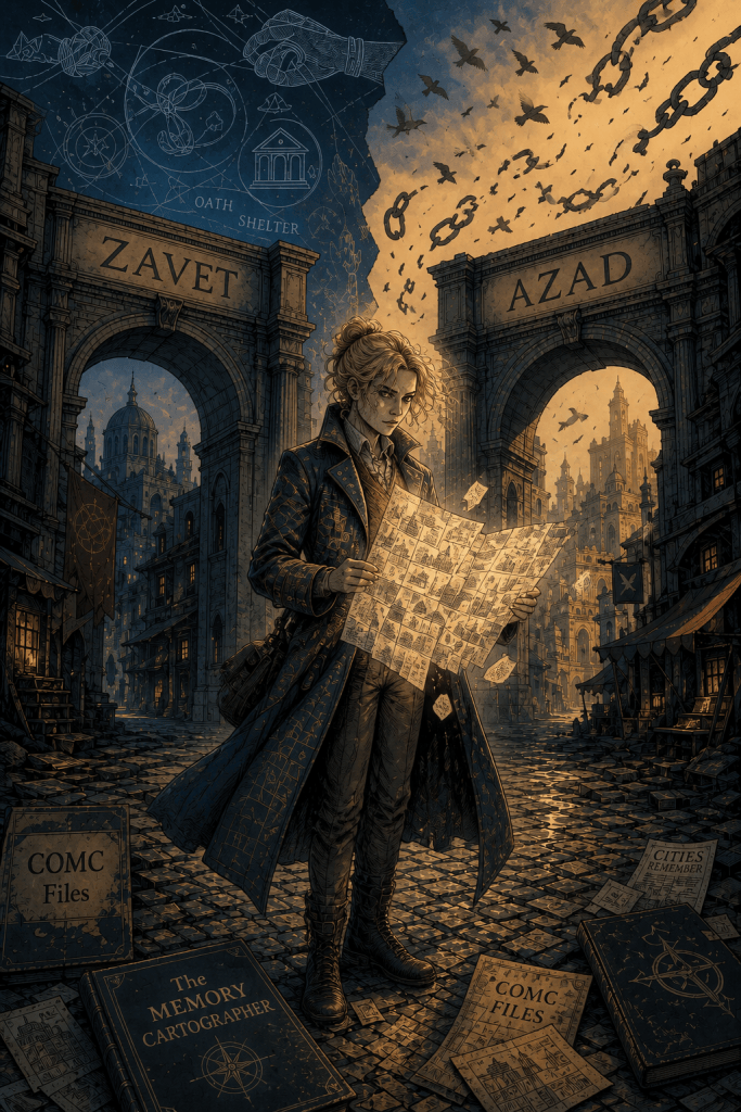 Blonde woman standing between two stone archway gates labeled Zavet and Azad, holding an open illustrated map, surrounded by scattered books including The Memory Cartographer and COMC Files — the covenant arc giving way to the freedom arc