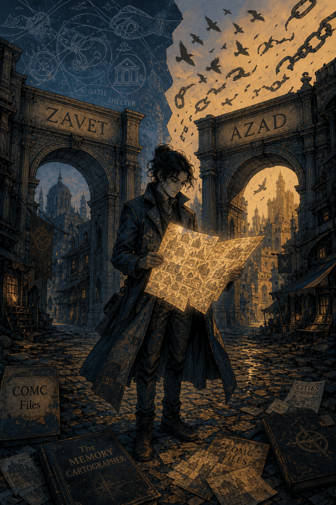 Same archway scene with Zavet and Azad gates, but the figure now has dark hair instead of blonde, holding the same map amid the same scattered books — the mapmaker's identity shifting as the story crosses into Quantum Jump