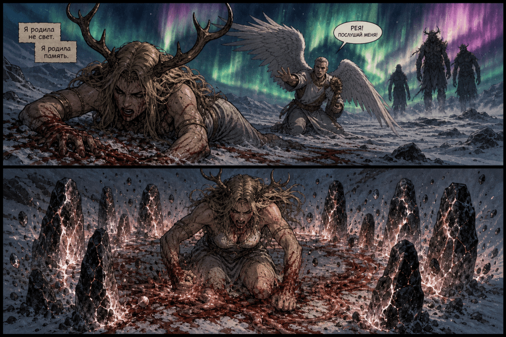 "Rhea, antlered and bloodied, collapses in snow as Mikhail reaches out; giants loom under the aurora near a stone circle."
