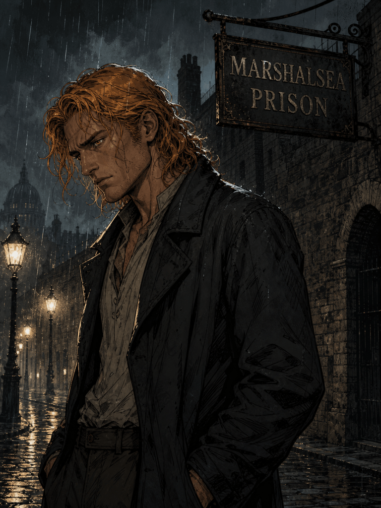 "Asdar, red-haired Dacian wolf shifter, standing in rain outside Marshalsea Prison at night in London — dark urban fantasy character art from Azad - Quantum Jump"