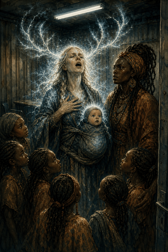 Sandi, mid-transformation into Louhi, stands in a shipping-container holding cell with electric-white antlers of frozen lightning branching from her head, one hand pressed to her chest, singing with her eyes closed. A glowing baby rests in a wrap against her body. Mpho stands beside her, fierce and watchful, while her seven daughters gather around them, all looking up. A bare fluorescent tube lights the corrugated metal room.