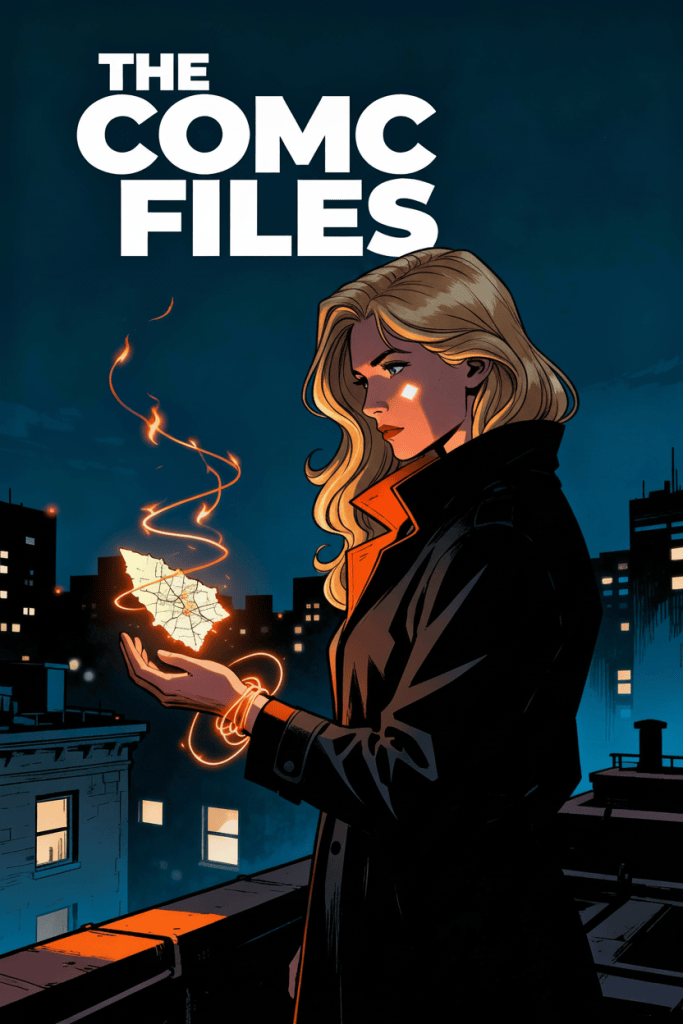 Early book cover for The COMC Files showing a blonde woman on a city rooftop at night, holding a glowing paper map above her palm — original title art before the series became The Memory Cartographer