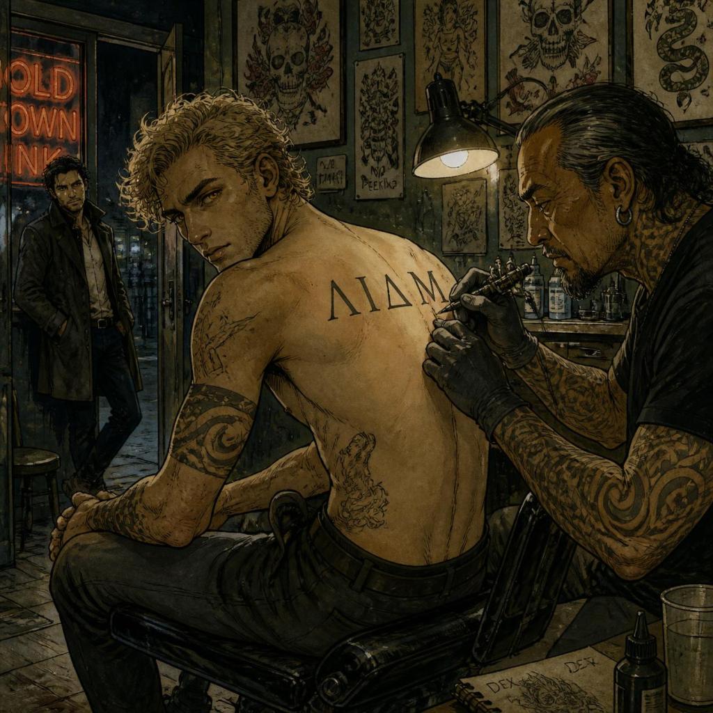 Azad - "Graphic novel illustration of Dex tattooing the Greek letters ΛΙΔΜ across Asdar's bare shoulder blades in a Hackney tattoo shop, walls covered in flash art, Bartley watching from the doorway under a neon 'Old Town Ink' sign."
