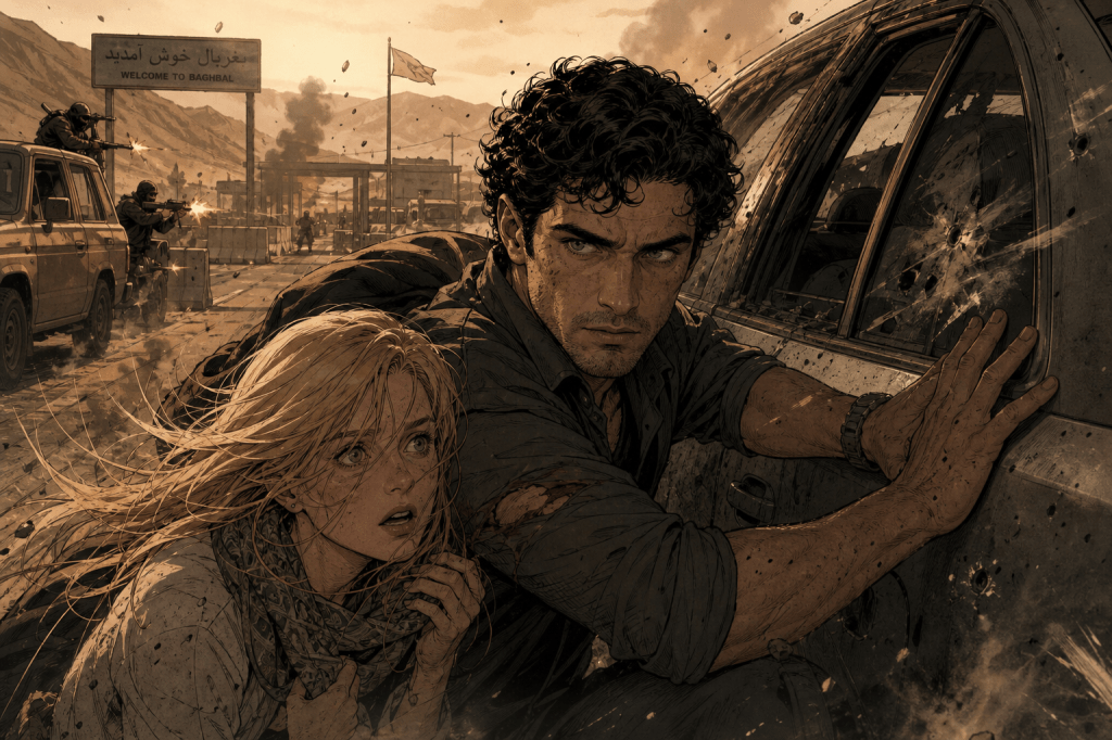 Karim shields Elena with his body beside a bullet-riddled car during a checkpoint ambush, one hand braced against the shattered window, his shoulder bloodied. Elena crouches low against him, blonde hair wind-blown, clutching a patterned scarf, eyes wide. In the background, armed figures fire from a truck near a road sign reading "WELCOME TO BAGHBAL," smoke rising against a dusty gold sky.