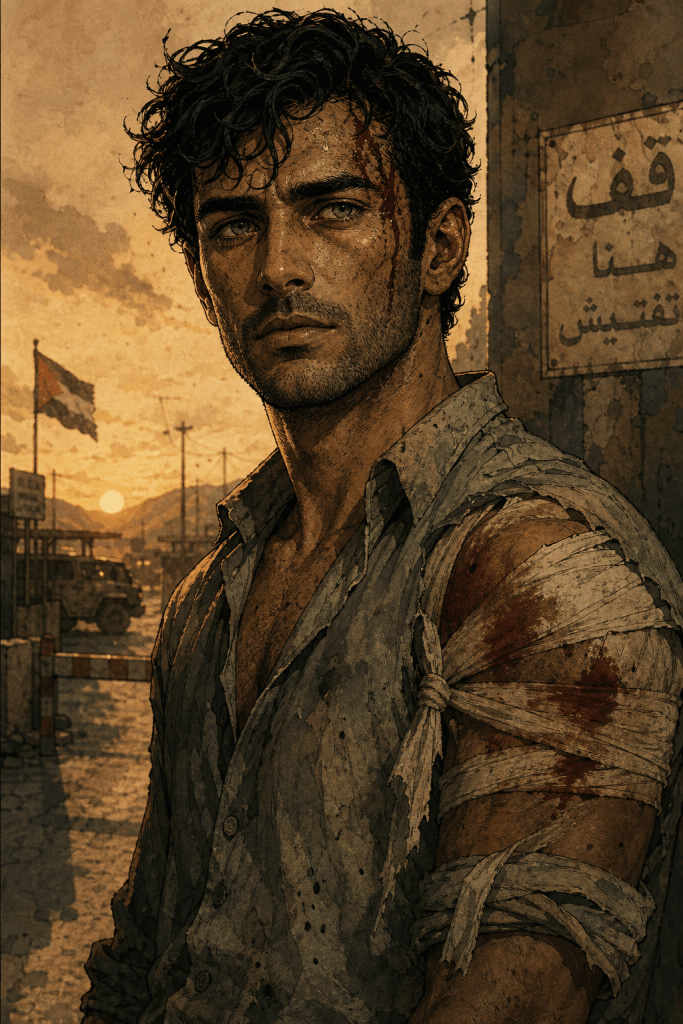 Karim at a desert checkpoint at sunset, dark curly hair damp with sweat and blood at the temple, green eyes steady, wearing a torn shirt with his upper arm wrapped in bloodstained bandages. Behind him, a lowered checkpoint barrier, a parked jeep, and an Arabic-language warning sign. A flag flies against a warm gold-and-amber sky with distant mountains.