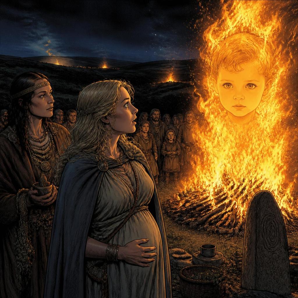 Azad - Pregnant Elena stands before a bonfire on a Bronze Age Irish hill at night, startled, as a child's face forms in the flames. Standing stones and torchlit tribesfolk in wool cloaks gather behind her under a starry sky.