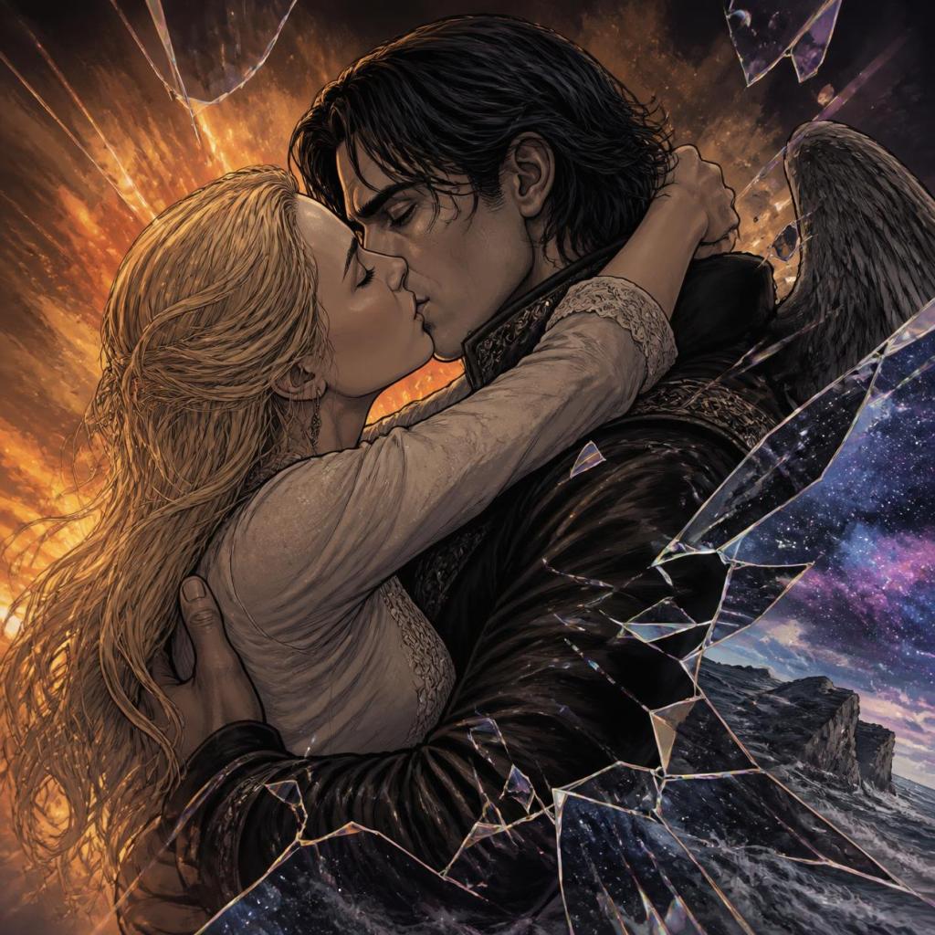 Blonde woman and dark-haired winged man embracing mid-kiss, fire exploding behind them and a shattered starlit sky revealing cliffs and sea on the other side.