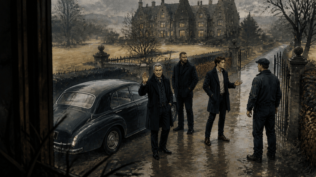 "An older man in a dark coat waves in greeting outside iron gates, a vintage car and two younger men beside him, a stone manor visible across the grounds in fading daylight — Zavet/Azad field note illustration"