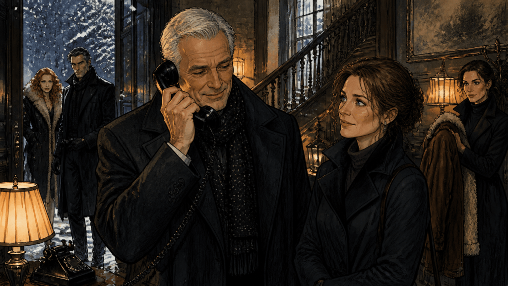 "Roger Boswell speaks into a vintage telephone while a younger woman looks on, snow falling through open doors behind them in a wood-panelled manor hall — Zavet/Azad field note illustration"