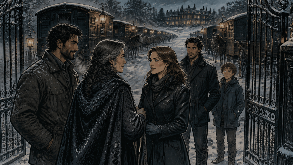 "Five figures greet each other at open iron gates with a long line of lantern-lit caravans and horses behind them, a lit manor on the hill beyond — Zavet/Azad field note illustration"