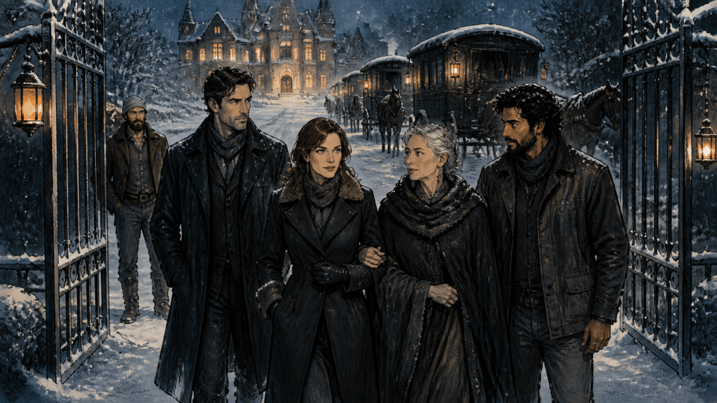 "Four figures pause at wrought-iron gates as lantern-lit Traveller caravans and horses wait behind them, a lit manor glowing through falling snow — Zavet/Azad field note illustration"