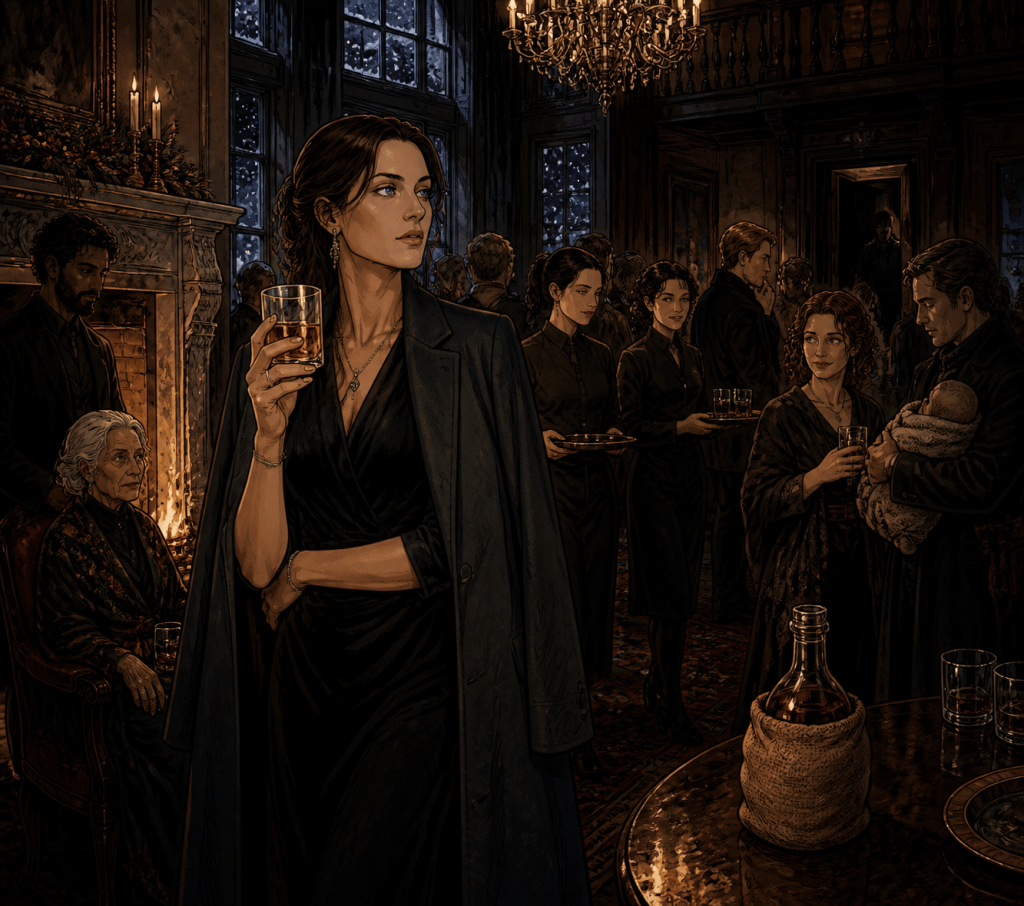 "The writer in a black dress raises a whiskey glass in a candlelit hall as guests gather behind her, an elderly woman by the fire and a man holding a sleeping baby nearby — Zavet/Azad field note illustration"