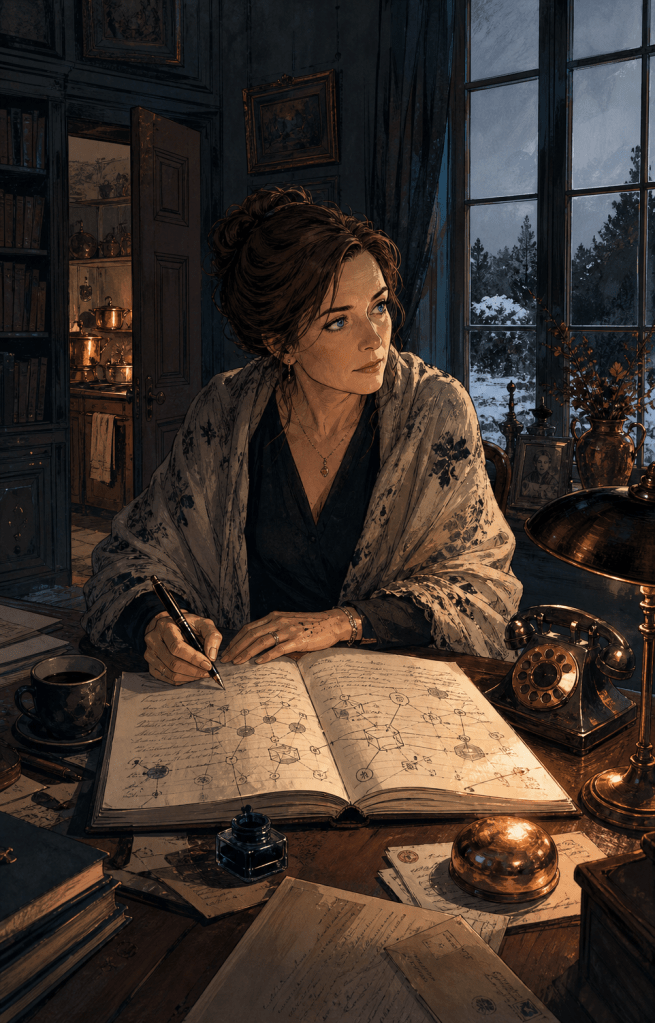 The writer with dark hair loosely pinned writes in an open ledger filled with diagrams and looping notation, seated at a candlelit desk with an antique rotary telephone, a copper bell, and an inkwell; snow-covered pines are visible through the window behind her.