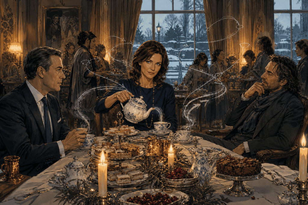 The writer in navy pours tea at a candlelit table set with fine china, tiered trays of sandwiches, and holly, flanked by a seated man in a suit and another man in a scarf leaning back to watch her, with guests moving in the background and snow visible through tall windows.