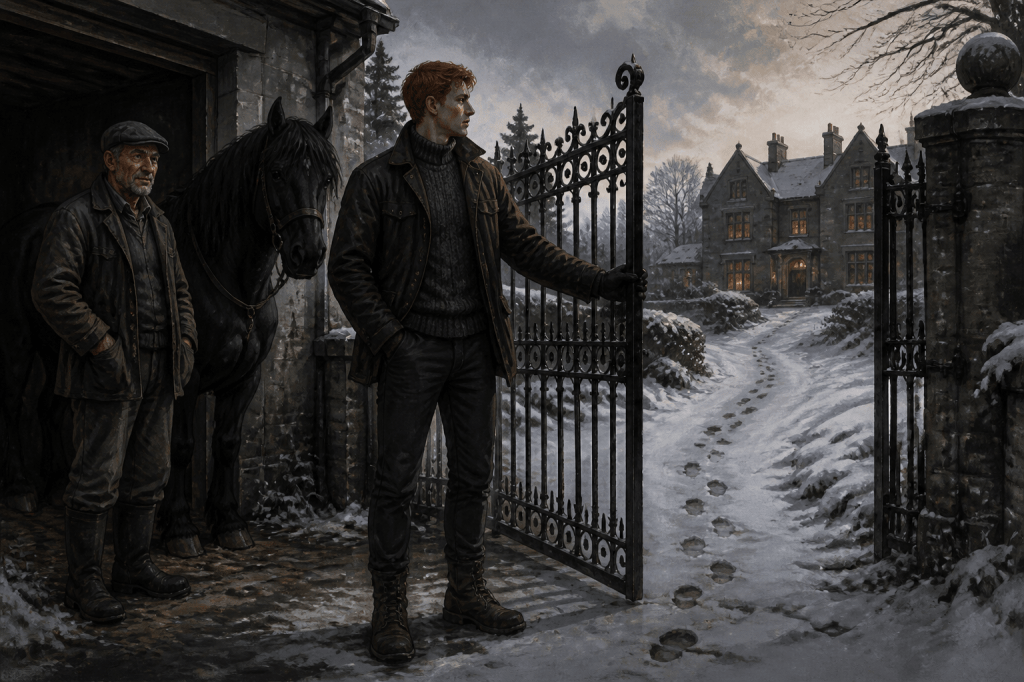 Ross aka Duke opens a wrought-iron gate onto a snow-covered drive leading to a stone manor house lit warmly from within, while an older man stands beside a black horse in the stable doorway behind him.