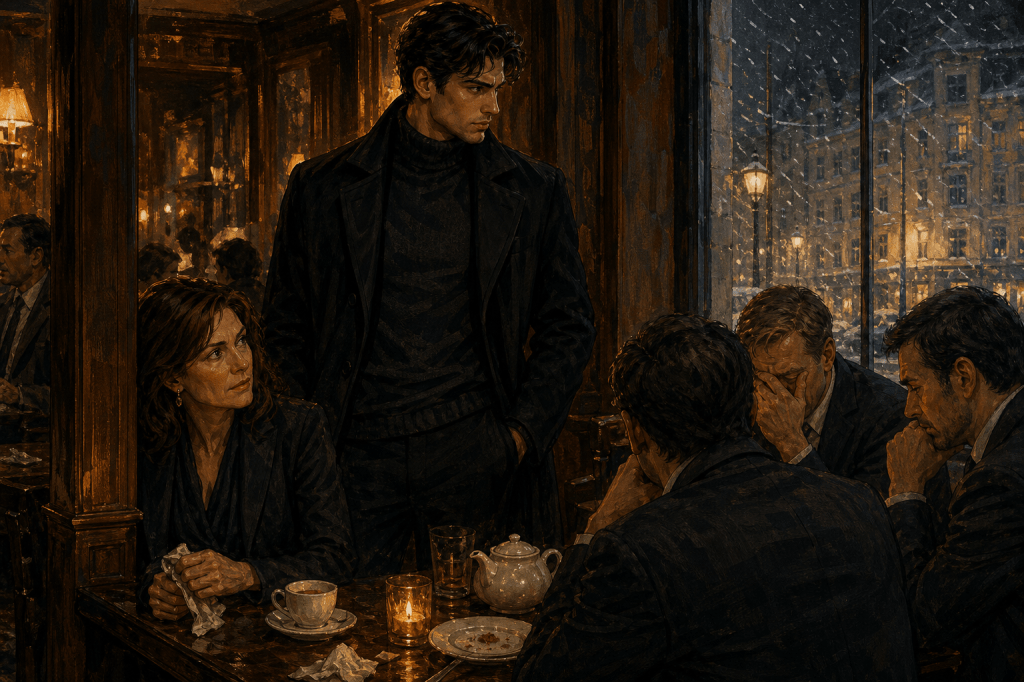 The writer and Wolfgang sit at a candlelit corner table in a dimly lit hotel bar, half-screened by a column, snow visible through the windows behind them; the woman watches the room while the man sits close beside her.