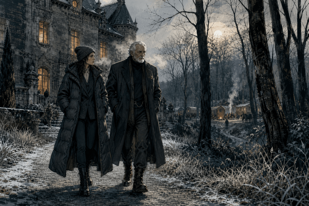 The writer and Roger Boswell, walking the grounds of Overton before his crossing. Quantum Gravity - Azad.