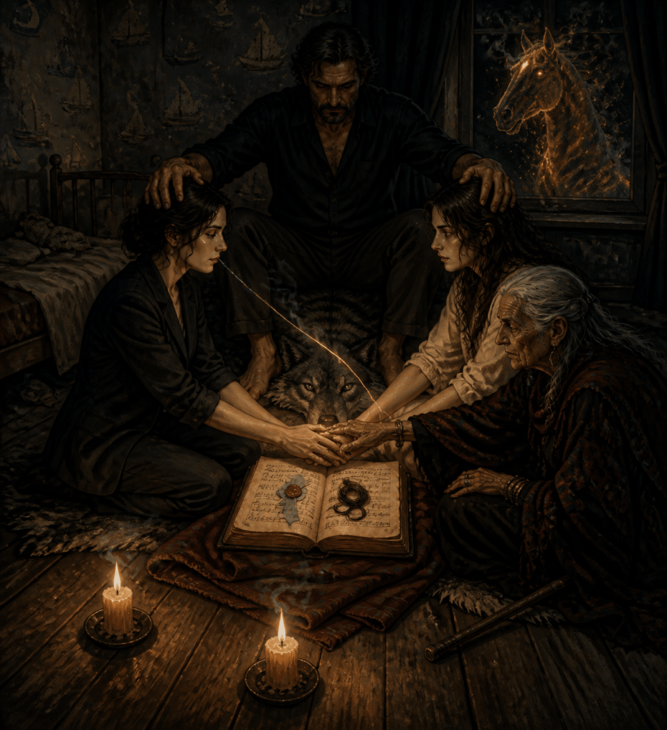 The writer, Esmée, Asdar conducting the transference. Fire Horse present.
