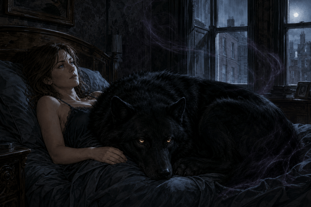 A fire horse appears as a pitch-black wolf with amber eyes in a London townhouse. An anthropological-fantasy excerpt about transformation, protection, memory, and an omen that cannot be ignored. Quantum Jump - Azad.