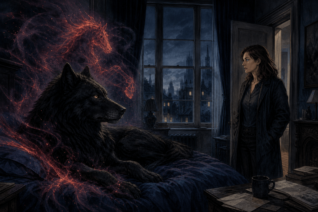 A pitch-black wolf with amber eyes has returned to the London townhouse. But beneath the fur, the writer recognises the Fire Horse—and begins to ask who turned force into captivity, and why the message has been delivered to her. Quantum Jump -Azad.