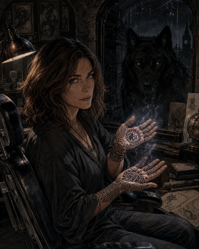 Brown-haired writer holds newly tattooed hands marked with a Draco-inspired symbol while an amber-eyed pitch-black wolf appears in a dark mirror. Quantum Jump - Azad.