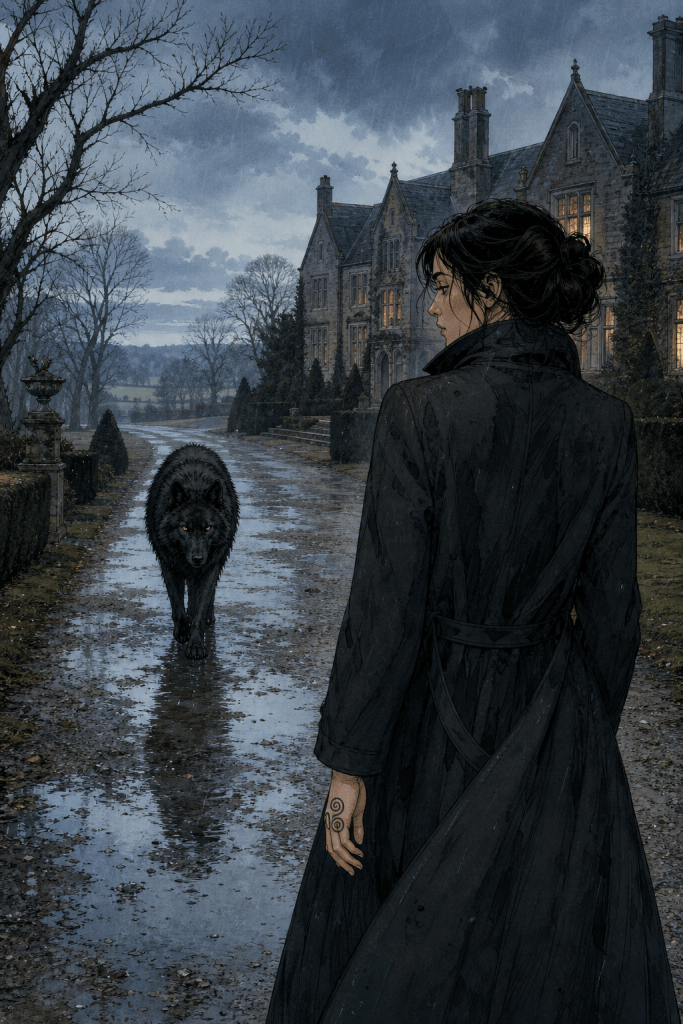The writer in a long charcoal coat walks along a rain-soaked gravel path outside an old English manor at dawn, while a huge black wolf with amber eyes follows several paces behind her through mist and hedgerows. Quantum Jump - Azad.