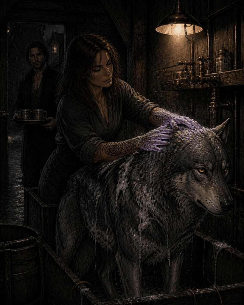 The writer washing Wolfgang, while Asdar is commenting on the wolf's reaction. Quantum Gravity - Azad.