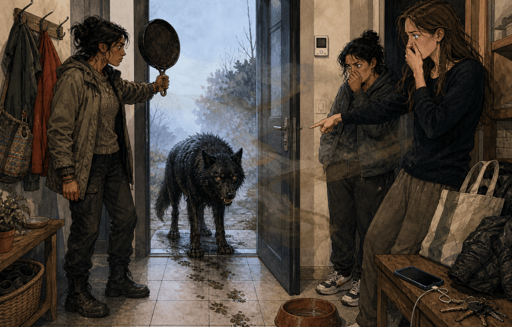 Tahlulla holds a frying pan at a modern back door while a wet black wolf with amber eyes waits outside; Inez and the narrator recoil in the hallway. Quantum Gravity - Azad.