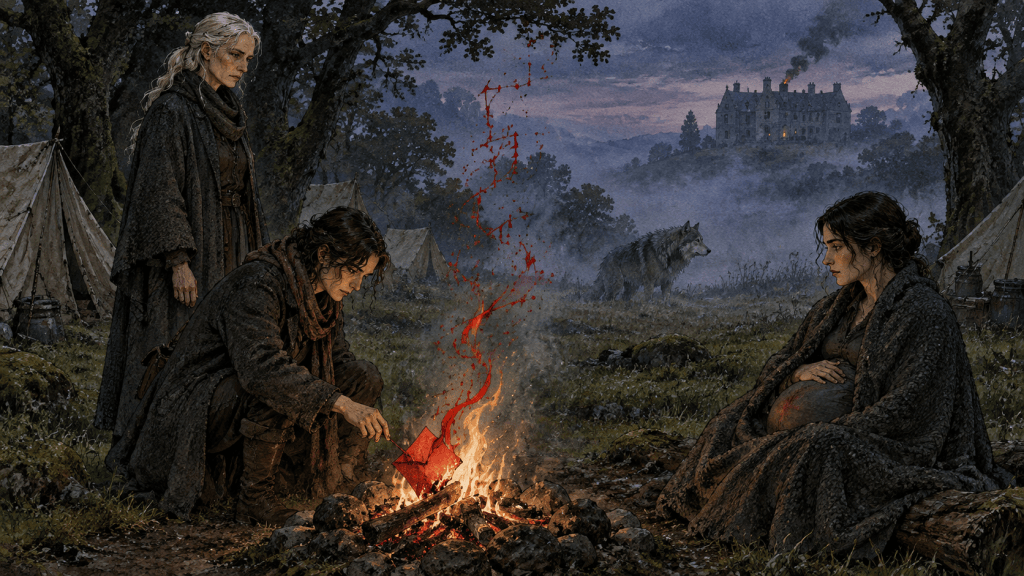 The writer, the matriarch Drina and Esmée with Wolgang at a campfire in Wales - Quantum Gravity - Azad.