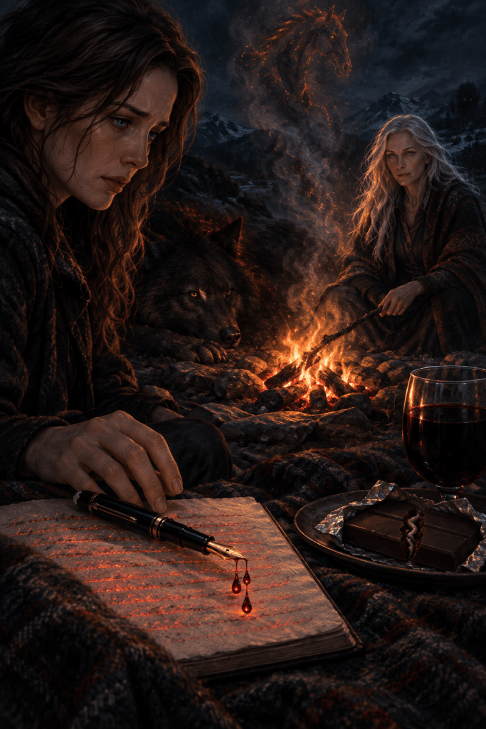 A brown-haired blue-eyed writer beside a dying campfire with Drina, a red-inked fountain pen, and a black wolf with one amber eye open.